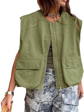 Olive Green Utility Vest with Front Zipper - XL